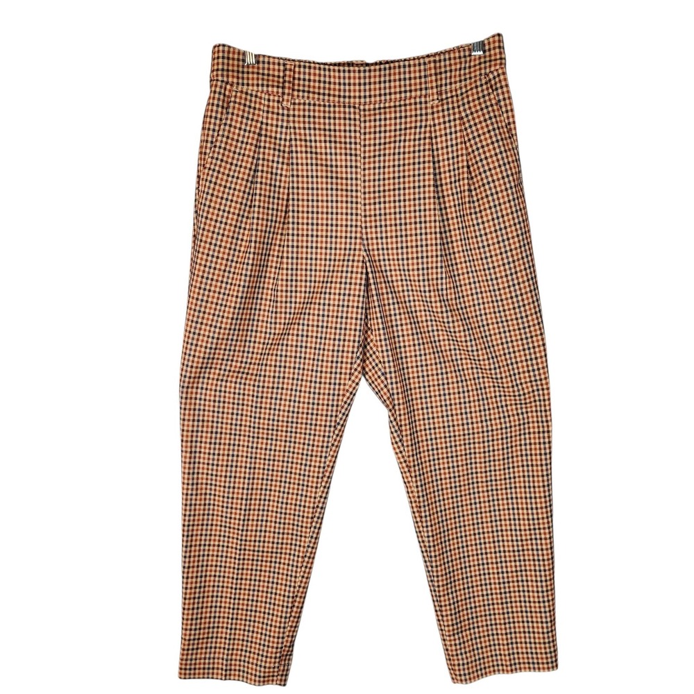 LOFT Tapered Pants Large Brown Plaid High Rise Pleated Elastic Waist